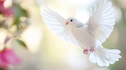 Obraz premium Elegant white dove flying gracefully in a soft and dreamy background of serene colors : Generative AI