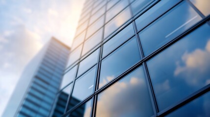 Obraz premium Skyline view of contemporary glass skyscrapers reflecting clouds and light under blue skies : Generative AI