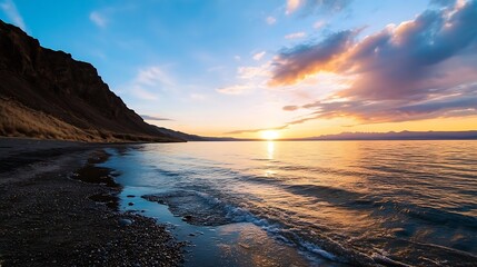 Fototapeta premium Stunning sunset over tranquil lake with gentle waves and majestic mountains in the background : Generative AI