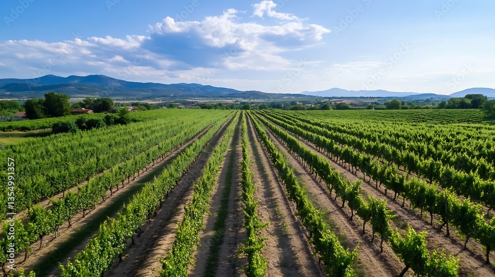 Poster aerial view of lush green vineyard rows under a bright blue sky with mountains in the background : g