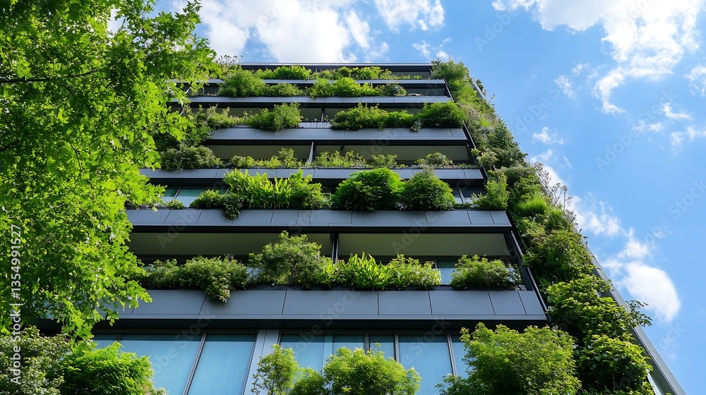 Poster modern architecture with green plants integrated into facade showcasing ecofriendly urban design : g