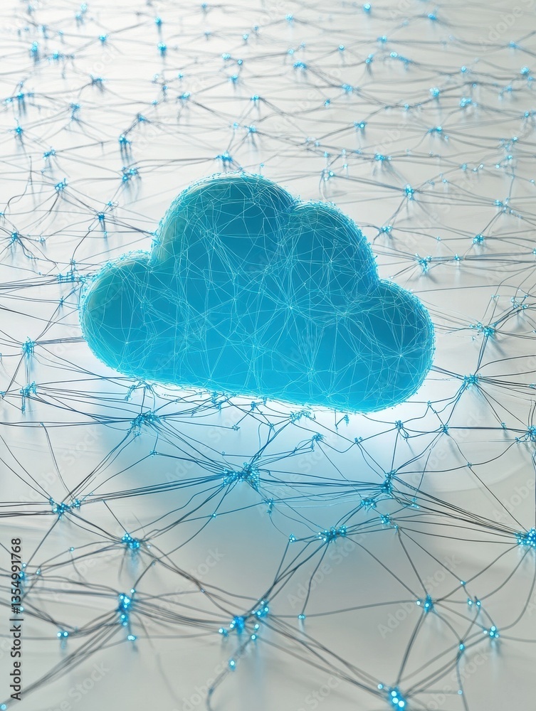 Poster a futuristic digital concept of cloud computing, showing a glowing blue cloud icon surrounded by a n