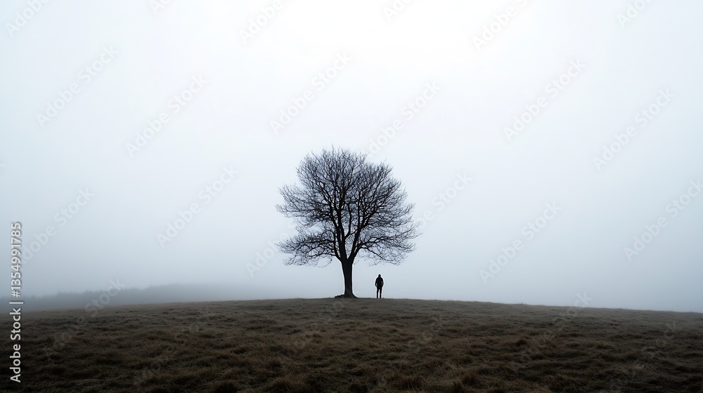 Poster a lonely figure standing under a bare tree in a foggy landscape evoking feelings of isolation : gene