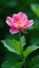 Fototapeta premium single pink bloom on a verdant stem amidst foliage, botanicals, floral, greenery