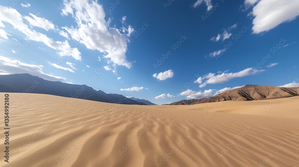 Poster wide angle view of expansive desert dunes with blue sky and white fluffy clouds : generative ai