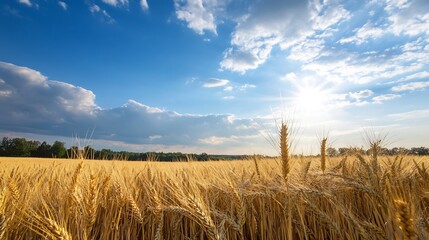 Golden Wheat Field Under Bright Blue Sky with Fluffy Clouds and Sunlight : Generative AI