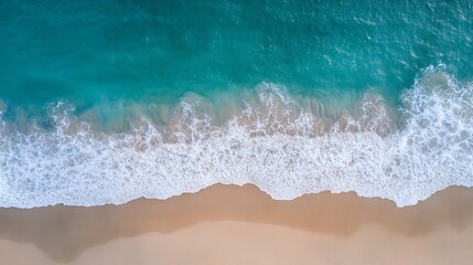 Stunning Aerial View of Gentle Ocean Waves Crashing Upon the Serene Sandy Beach Shoreline : Generative AI