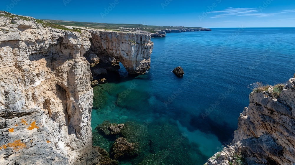 Poster breathtaking coastal view with azure sea and rugged cliffs under a clear sky : generative ai