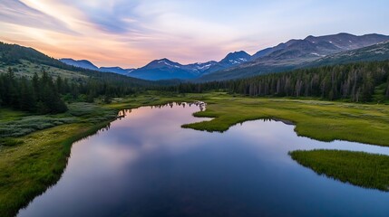 Fototapeta premium Breathtaking Aerial View of Lush Green Valley Surrounded by Majestic Mountains at Dusk : Generative AI