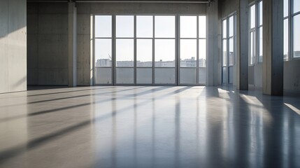 Fototapeta premium Empty modern interior space flooded with natural light through large windows showcasing minimalistic design : Generative AI