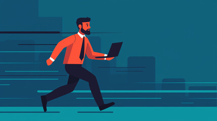 Fototapeta premium A man in a suit runs with a laptop, depicting urgency and productivity against a blue backdrop.