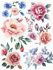 Set of watercolor flower bouquets, clipart isolated on a white background, in pastel colors,