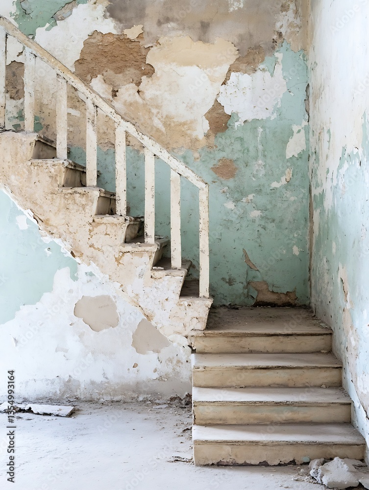 Poster Weathered staircase with peeling paint and rustic charm in an abandoned building : Generative AI