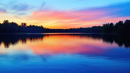 Obraz premium A peaceful lake reflecting the stunning colors of a summer sunset.