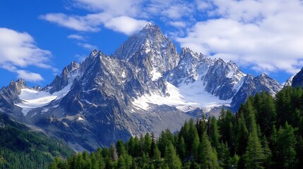 Obraz premium Majestic mountain peak with snow cap under a vibrant blue sky and green forest : Generative AI