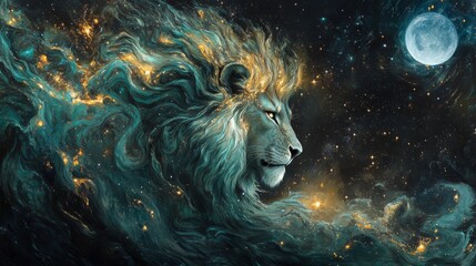 An artistic portrayal of a lion with a cosmic-inspired mane flowing like stardust. The dark, starry sky and full moon create an ethereal and mystical ambiance, merging nature with the cosmos.. AI