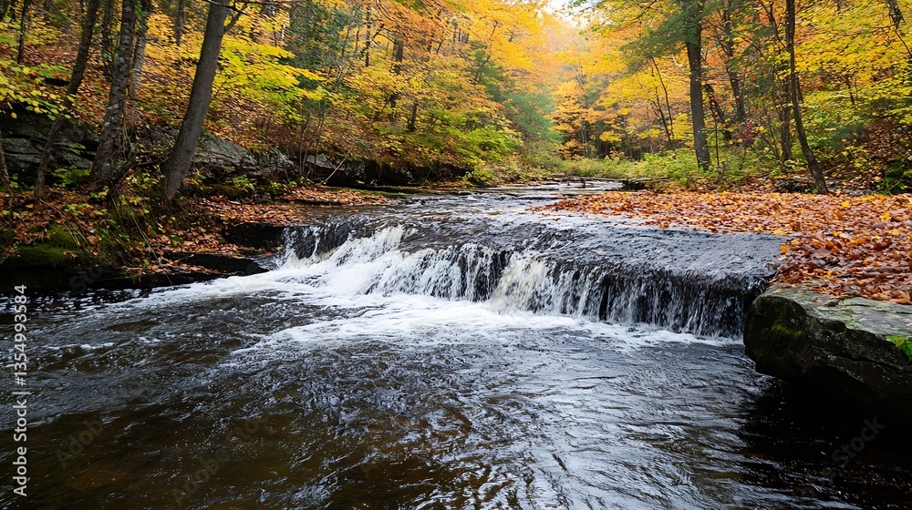 Aufkleber tranquil autumn scene with a flowing creek surrounded by colorful fall foliage : generative ai
