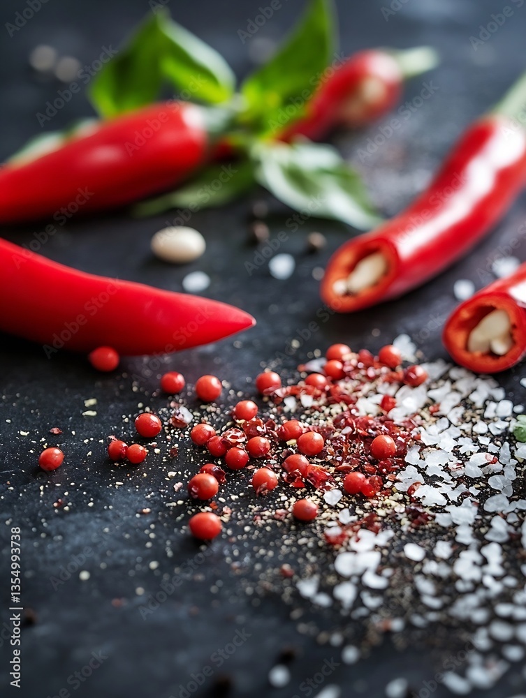 Aufkleber spicy red chilies and pink salt arranged artistically on a dark surface with herbs creating a vibran