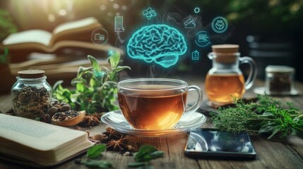 A cup of steaming herbal tea placed on a wooden surface with natural herbs, books, and a smartphone, featuring a brain hologram to symbolize wellness and mental health.. AI Generation