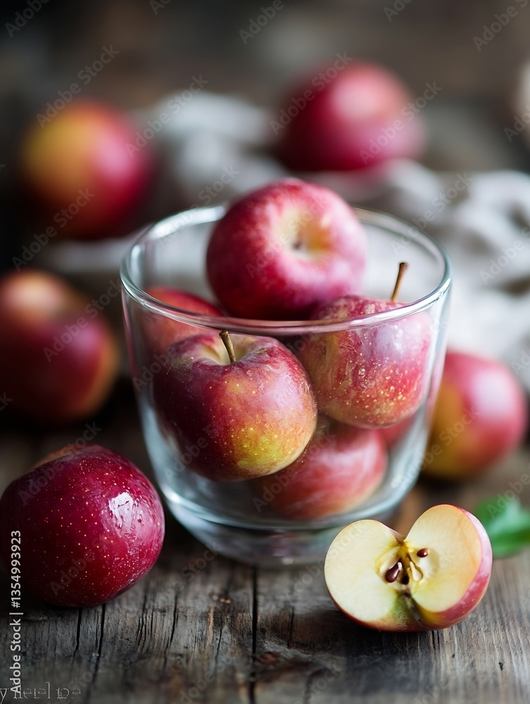 Poster Delicious red apples displayed in a glass bowl on a rustic wooden surface with some whole fruit collected : Generative AI