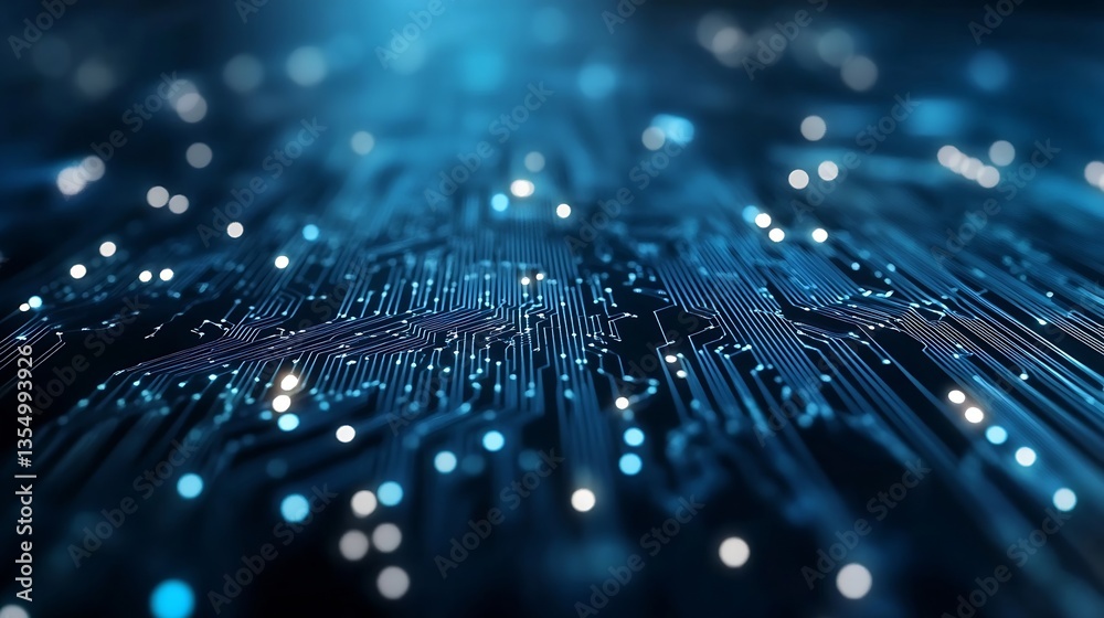 Fototapete Abstract technological background of digital circuitry with glowing elements and blue light beams : Generative AI