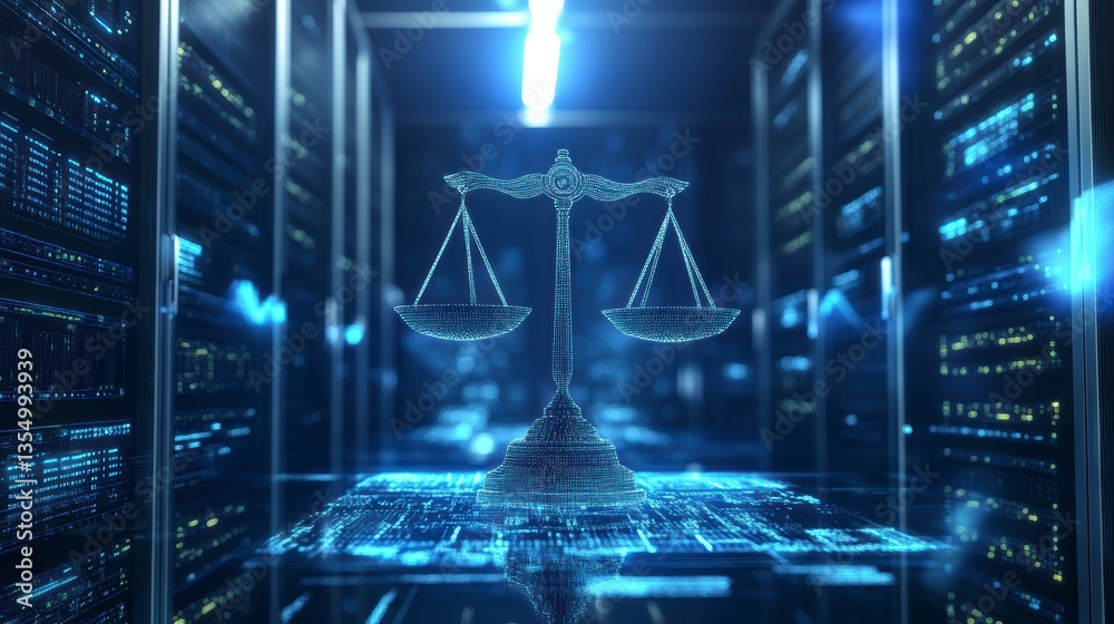 Poster scales of justice digitally rendered in a server room, symbolizing cybersecurity law and data privac