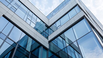 Elegant Modern Building Corner with Reflective Glass Windows Against a Clear Sky : Generative AI