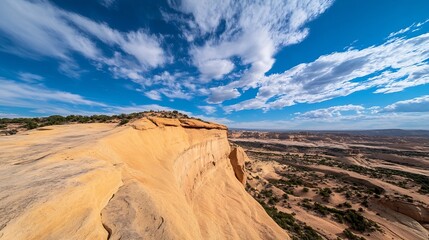 Fototapeta premium Breathtaking panoramic view of a rugged landscape with dramatic clouds and rock formations : Generative AI