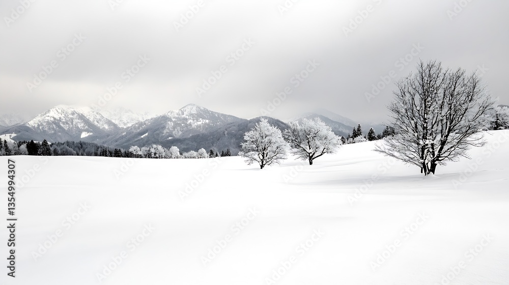 Poster Winter landscape featuring snowcovered mountains and trees under a cloudy sky creating a serene atmosphere : Generative AI