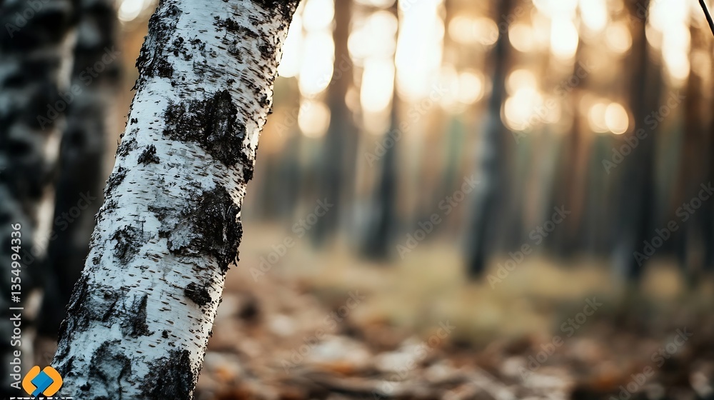 Leinwandbilder closeup view of a birch tree trunk in a tranquil autumn forest filled with golden light : generative