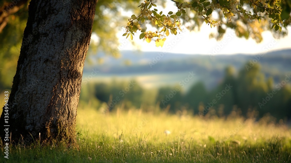 Aufkleber sunlit serene landscape with a tree and lush green grass in a peaceful meadow : generative ai