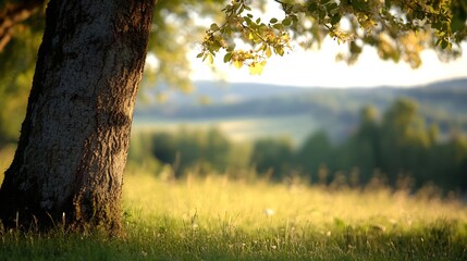 Sunlit serene landscape with a tree and lush green grass in a peaceful meadow : Generative AI