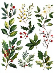 Christmas and winter floral collection on white background. Set of mistletoe, leaves, branches, berries. Christmas botanic elements for invitations, cards, textile, fabric, posters, banners.