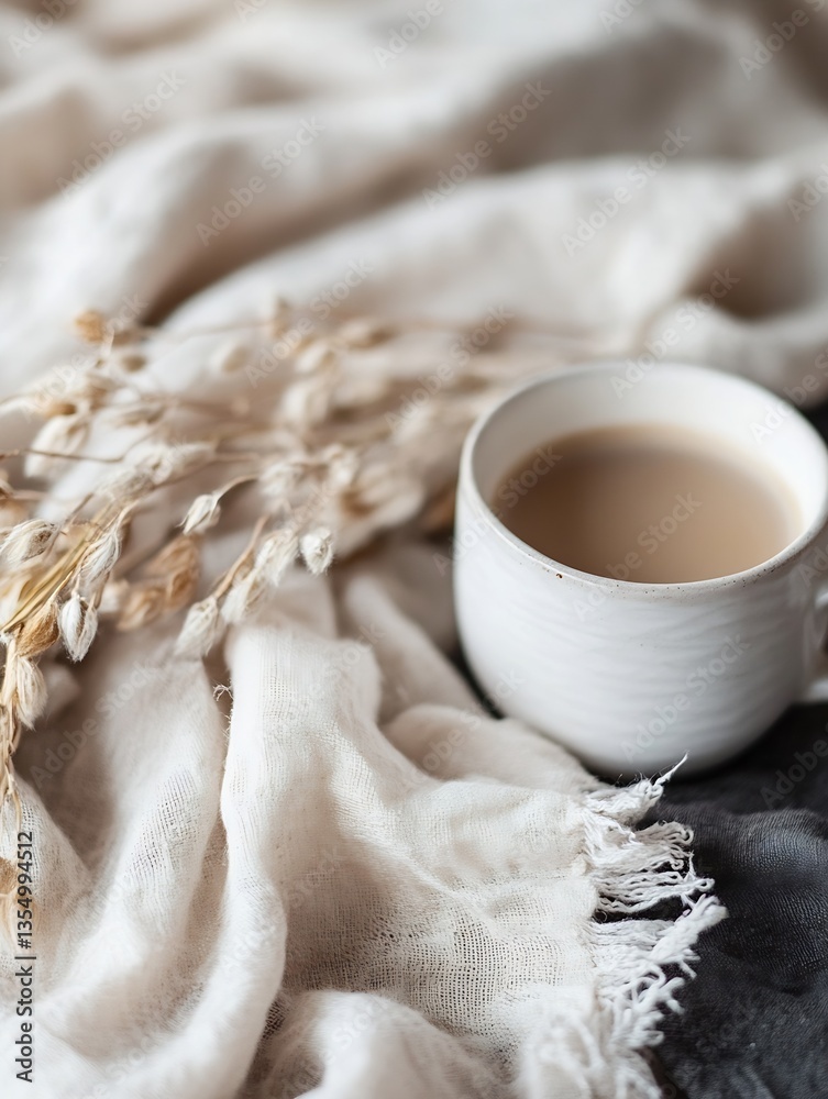 Poster warm cup of tea with a cozy texture along with dried grasses on soft fabric background : generative 