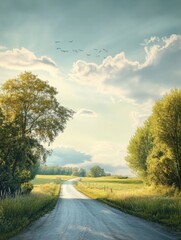 Fototapeta premium A clear sky above a peaceful countryside road, lined with green trees and bathed in bright sunlight.