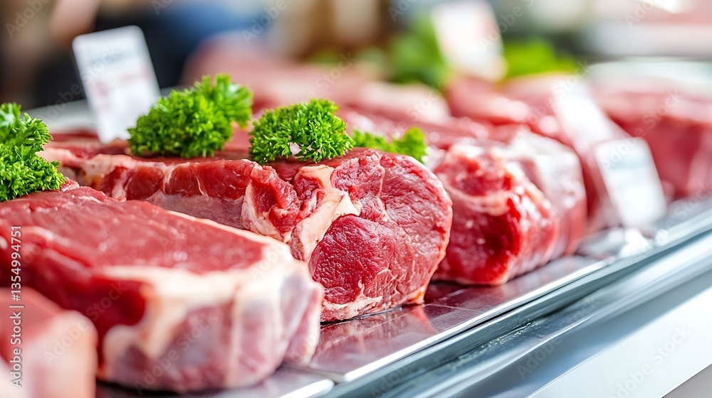 Poster fresh selection of juicy raw beef steaks garnished with green parsley in a butcher shop display : ge