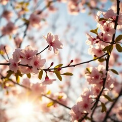 Obraz premium Morning sunlight filters through delicate cherry blossom branches, cherry blossoms, spring, bloom