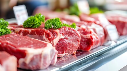 Fototapeta premium Fresh selection of juicy raw beef steaks garnished with green parsley in a butcher shop display : Generative AI