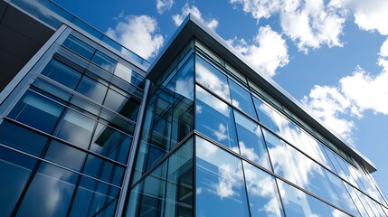 Obraz premium Modern glass building reflecting clouds in a clear blue sky creating a stunning visual : Generative AI