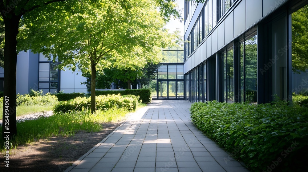 Poster Lush Green Pathway Surrounded by Modern Architecture and Tall Trees on a Sunny Day : Generative AI