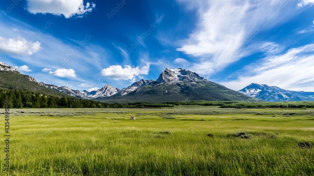 Poster a breathtaking panoramic view of majestic mountains under a blue sky with fluffy clouds and open gra