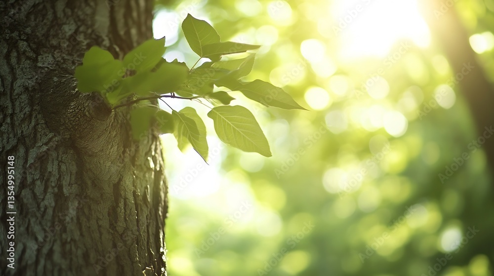 Aufkleber closeup view of vibrant green leaves on a tree bathed in warm sunlight creating a serene atmosphere 