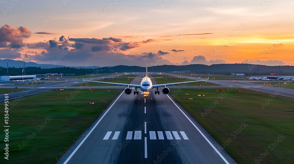 Poster airplane preparing for takeoff on runway illuminated by vibrant colors of sunset : generative ai