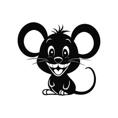 A minimalistic black and white vector illustration of a baby mouse with a joyful grin, looking full of life on a white background