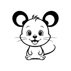 A black and white vector silhouette of a cute baby mouse laughing with its tiny paws up on a white background
