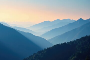 Misty dawn in mountainscape with serene blue hues and gentle peaks, cloud covered, mountain range, calm atmosphere