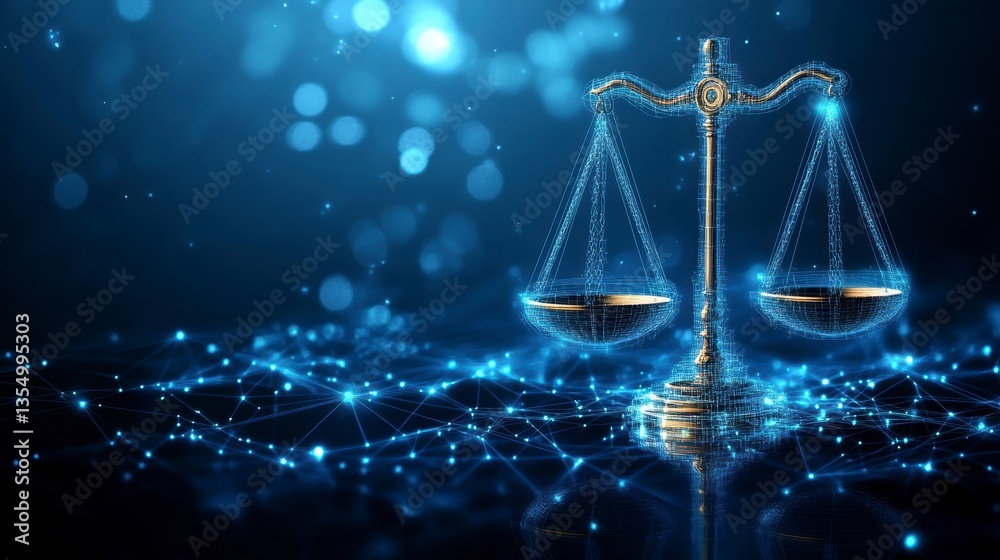 Poster glowing scales of justice on digital network background.