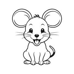 A black and white vector silhouette of a smiling baby mouse with sparkling eyes, full of energy on a white background