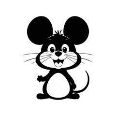 A sleek black and white vector illustration of a baby mouse with a wide, happy smile, spreading joy on a white background
