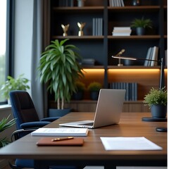 Fototapeta premium Modern Executive Office with Laptop and Stylish Interior Design